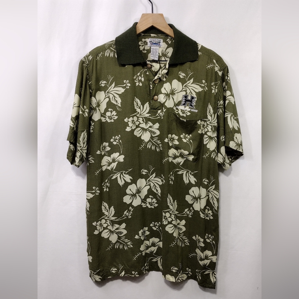 Diamond Head Wear Floral Hawaiian Shirt Mens S Green White Artsy Retro 90s Y2K